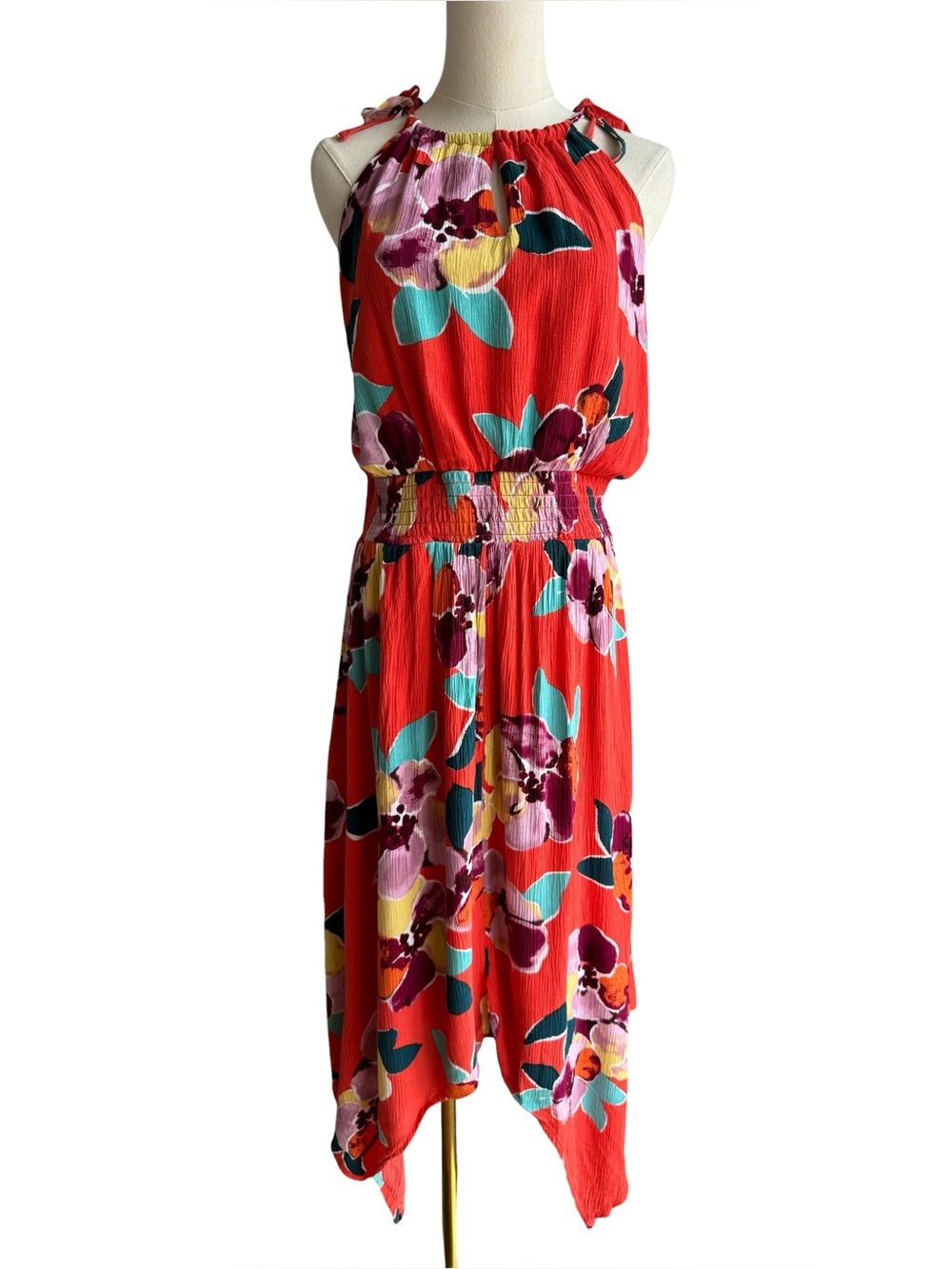 Maurices Tropical Floral Halter Dress Sz M Bright Bold Midi Boho Artsy Vacation